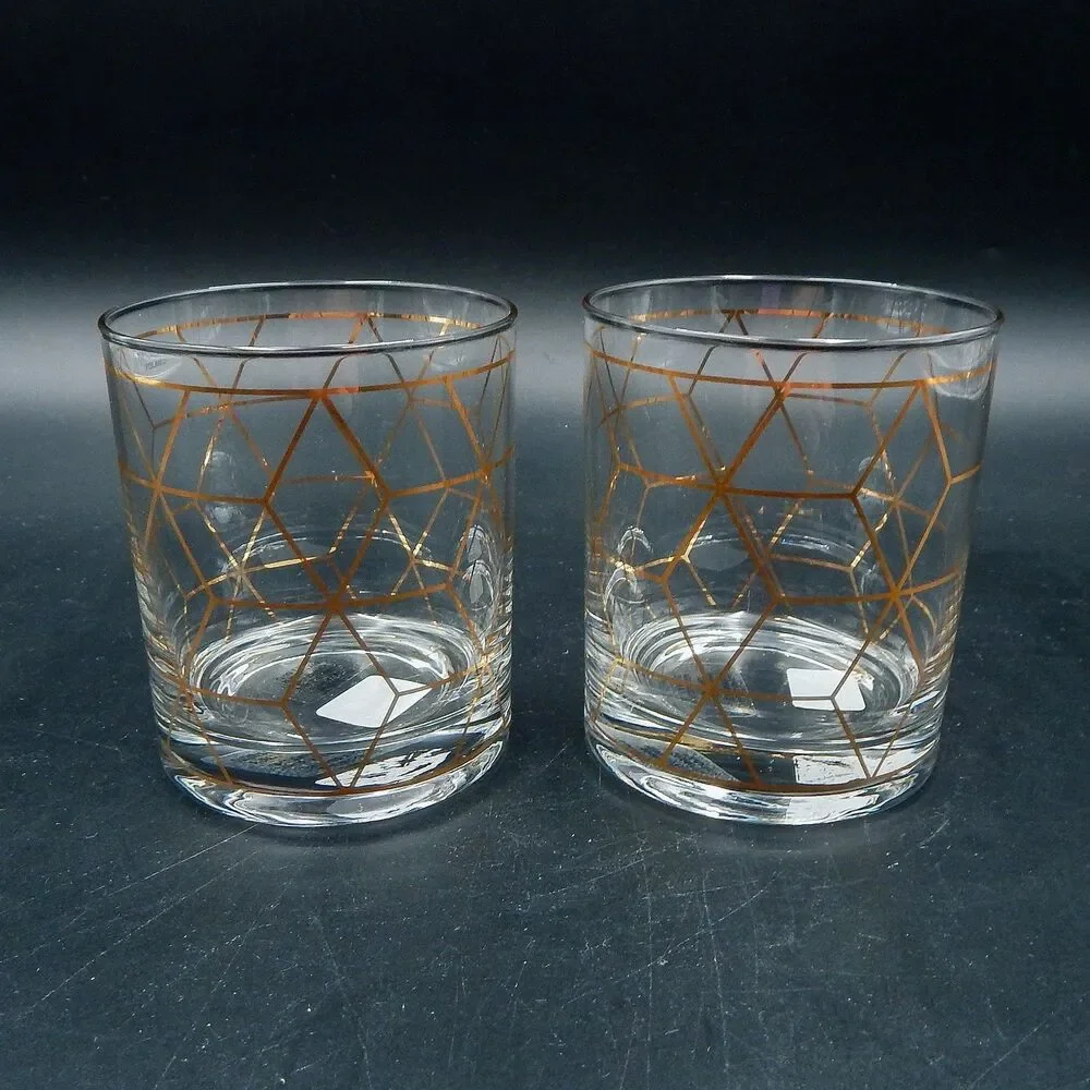 Crate & Barrel Jaxson Old Fashioned Rocks Glassware by Krosno Poland Gold Glass